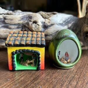 2 Vintage Mexican Christmas Nativity Pottery Scene Diorama
